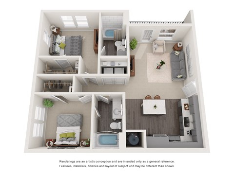 Floor plan for 2 beds, 2 baths, 970 sqft